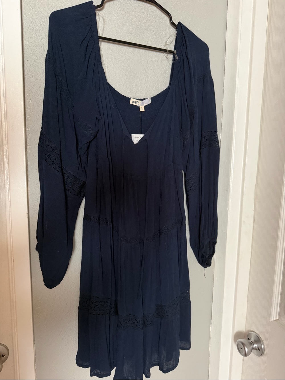Long Sleeve Navy Blue V-Neck Tiered Dress